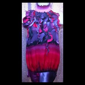 BEBE Silk Red Halter Top Ruffle High Neck Med